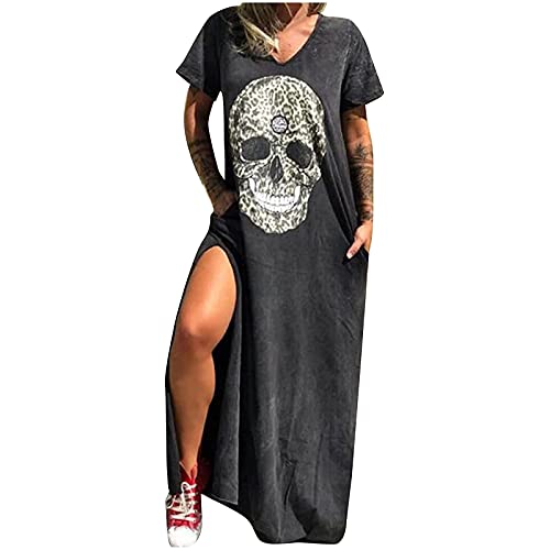 Peigen Summer Dresses for Women, Skull Dress for Women V Neck Sundresses for Women Short Sleeve Summer Dress Split Dresses