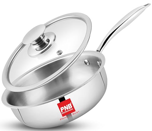 Image of PNB Triply Stainless Steel Frypan with Tempered Glass Lid | 26 cm 3 Litre | 3-Ply Induction Gas Compatible | PFOA Free | 5 Year Warranty | Large Frying Pan for Big Family & Party Cooking