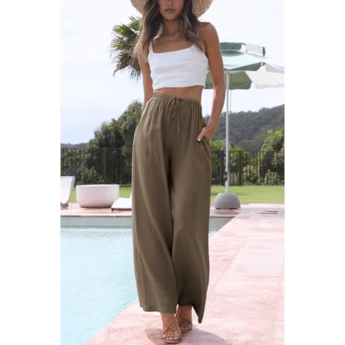 Image of Duyang Womens Cotton Linen Palazzo Pants Drawstring Elastic Waist Casual Wide Leg Trousers with Pockets