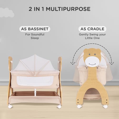 Image of R for Rabbit Lullabies Woodsy 2 in 1 Manual Swing Wooden Cradle Newborn Baby Convertible Cot Bassinet with Mosquito Net, Lockable Wheels & Storage Space for Kids 0-12 Months, Upto 12 Kg (Beige)