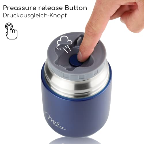 Image of Milu Thermal Container for Food 450 ml, Stainless Steel Warming Container with Spoon, Thermal Mug Food, Thermal Lunch Box for Children, Adults, Thermal Box Soups, Baby Porridge, Food Container Navy