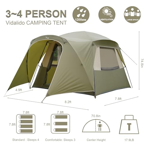 Image of Vidalido 3-4 Person Tent with 1 Mesh Door and 2 Large Mesh Window, Double Layer Waterproof Portable Family Cabin Tent, 4 Person Tents for Outdoor Camping Hiking