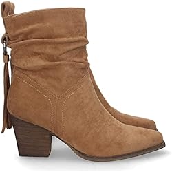 Kamet Botines shoes&blues.es 67705-Botin de Tacon para Mujer, de Punta Fina, Cana Arrugada, Flecos en el Talon, y Cierre de Cremallera, Otono Invierno 2022. Talla 37 Camel