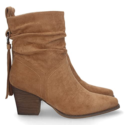 67706-Botin de Tacon para Mujer, de Punta Fina, Cana Arrugada, Flecos en el Talon, y Cierre de Cremallera, Otono Invierno 2022. Talla 38 Camel Cover