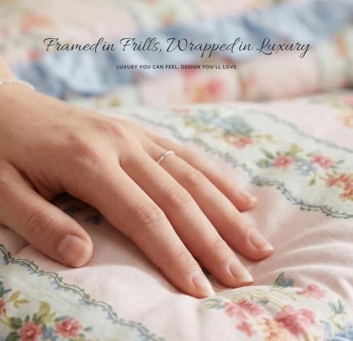 Image of SANMARINO Premium Cotton Double Bed 4 Piece Bedding Set with Frill Border | Comforter with Matching Bedsheet and Pillow | Ultra Soft & Lightweight Quilted Comforter Set |228x228 cm, Rose Garden Pink