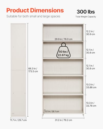 Image of VEVOR 5 Tiers Wide Bookshelf, 68 in Wooden Open Bookcase with Display Storage Organizer Shelf, Freestanding Tall Display Floor Bookcase Bookshelf for Library, Bedroom, Living Room, Office, White