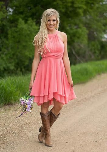 Dymaisei Halter Short Bridesmaid Dresses for Women Chiffon A Line Ruffle Formal Party Dress3