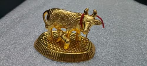 Image of Kamdhenu Cow and Calf Idol for Home Decor | Gold Finish Gau MATA Murti | Vastu Showpiece for Home Temple Pooja Room Office Desk | Spiritual Religious Gift | Housewarming Diwali Decor