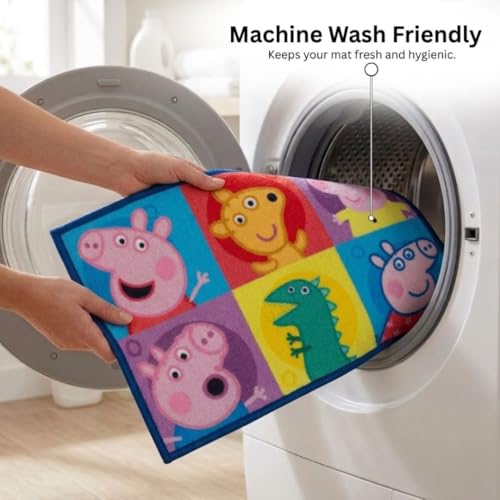 Image of Athom Living Peppa Pig Kids Bathmat - Multi-Colour Nylon, Anti-Skid with Durable Latex Backing, Fun Superhero Design, Easy to Clean, Perfect Entryway or Playroom Mat, 37x57 cm, Pack of 1