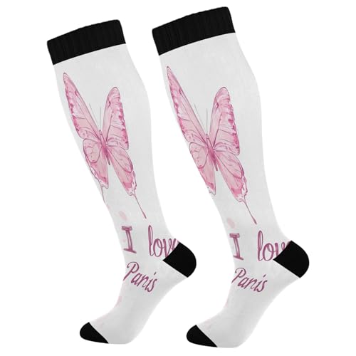 Burbuja Eiffel Tower Pink Butterflies Compression Socks for Women Men (20-30mmHg), Knee High Socks Circulation Support for Sport Running Hiking Nurse, 1 Pair