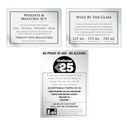 Essential Bar Licensing Pack - Aluminium Challenge 25 Sign, No Proof of Age, No Alcohol, Spirit Measures 25ml - Pub Restaurant Catering Silver