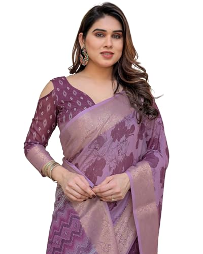 Image of ALMAARI FASHION Floral Printed Cotton Saree for Women with Handloom Zari Weave, Traditional Lightweight Ethnic Saree for Wedding Festive Office Party with Blouse Piece (LINEN 81-90 SH)