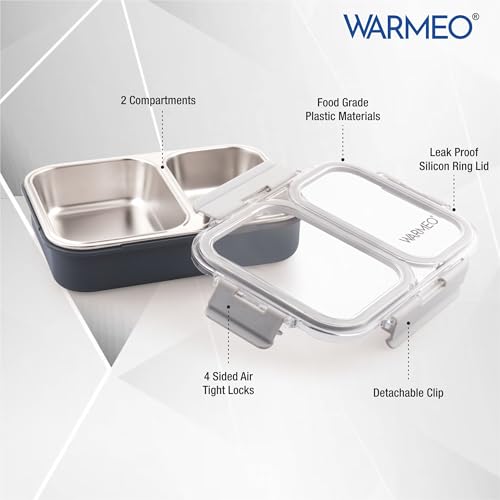 Image of WARMEO BENTO Microwave-Safe Stainless Steel Lunchbox with 2 compartments,bpa Free,Perfect for Office, School, Travelling, 750ml-Grey