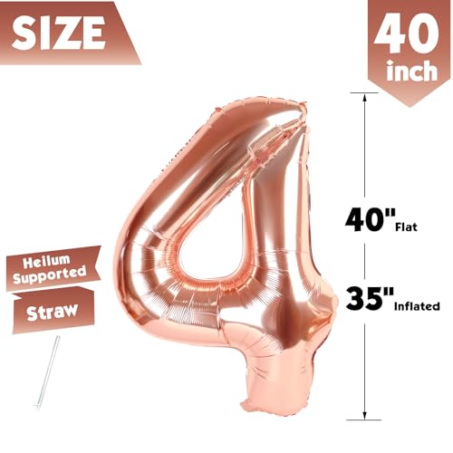 Image of 40 In Rose Gold Number 4 Balloon, 4th Birthday Party Decorations for Women