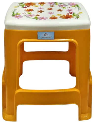 Furnishfuel Nilkamals Floral Printed Top Modern Strong Plastic Stool for Perfect Posture Sitting Bathroom Shower Bathstool Livingroom Kitchen Home Garden Shop Large Size (Yellow Base)