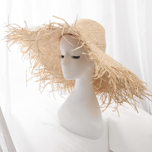 Image of Surakey Summer Straw Hat Straw Sun Hat Wide Brim Straw Hat Beach Straw Hat Tassel Straw Hat Handwoven Straw Hat for Women (Cone), 21.3in-22.8in
