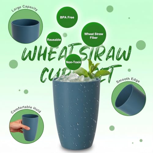 Image of Large 20OZ Wheat Straw Cup, Unbreakable Coffee Cups Set of 6, Blue | Sturdy Reusable Drinking Tumblers for Milk, Juice & Iced Coffee - Plastic Cups for BBQ & Camping
