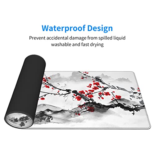 Image of Watercolor Japanese Cherry Blossom Mouse Pad 31.5 X 11.8 Inch XL Red Floral Design Extended Gaming Mousepad Large Non-Slip Rubber Base Keyboard Desk Mat with Stitched Edges for Gaming and Office