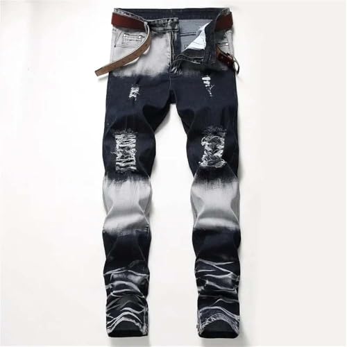 Hndudnff Men's Zippered Ripped Jeans Slim Fit Casual High Street Motorcycle Straight Denim Pants4