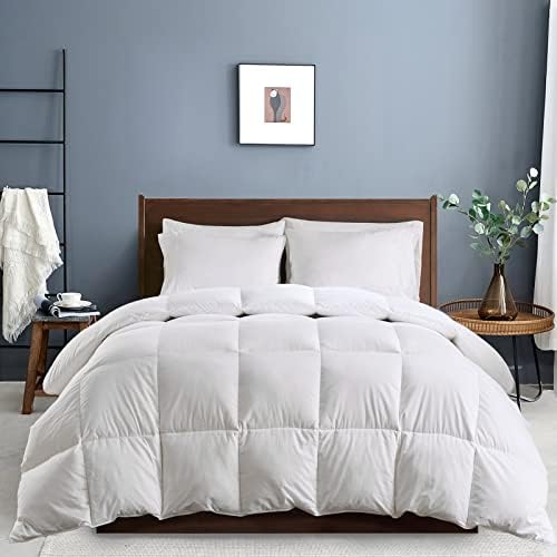 Queen Size Goose Down Comforter Feather, 100% Organic Cotton Cover, All Season Luxury Hotel Collection 750 Fill Power Fluffy Bedding Duvet Insert with Corner and Tabs(90"x90", White)