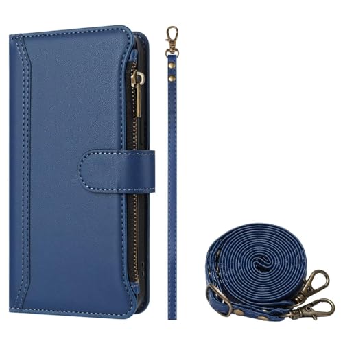 HAOFUGUI Funda Cartera para OnePlus 9 Pro, con Ranuras para Tarjetas Bolsillo con Cremallera Cierre Magnético y Correa, Cubierta de Cuero PU Antigolpes-Azul Oscuro