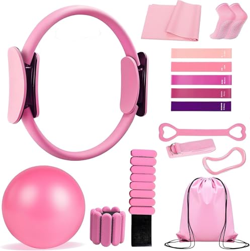 Last Page®Pilates Ring Set with Adjustable Resistance - Full Body Workout Kit for Women, Portable Travel Bag & Anti-Slip Accessories (Pink)