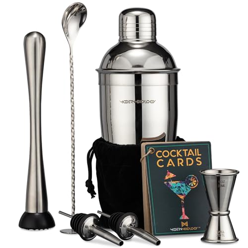 Modern Mixology 8-Piece Cocktail Shaker Set with Velvet Bag | Complete Cocktail Kit Gift Set | Top Bartender Gifts for Men & Women | Travel Bar Tools (Silver)