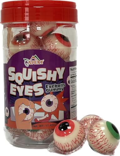 Apexy Eyeball Gummies - with Fruity Liquid Center Eyeball Candy for Halloween, Birthday, Trick Or Treat, Party Candy - Jelly Filled Gummies, Fat Free, Nut Free. 11.42oz (Color Eyeball)