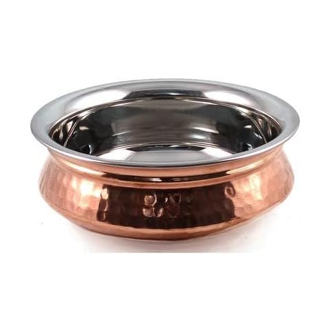 OSNICA Indian Copper Serveware Bowl for Indian Food Serving Bowls for Cereal, Soup, Cooked Food Party Serve Ware, Serving Dishes Copper, Steel Handi Set (20 CM) Cover