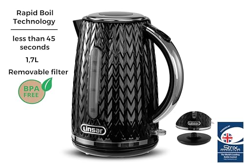 Linsar - Electric Kettle - Curved Texture - 1,7 L - Kettle with High Gloss, Chrome Accents, Limescale Filter, Automatic switch-off, On/Off switch illuminated - 3000 Watts (Black) - Image 3