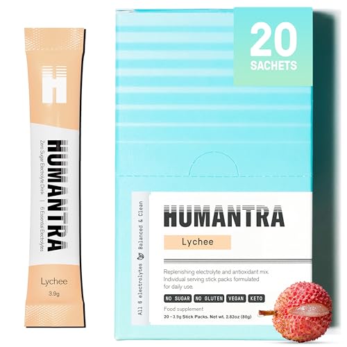 Humantra Electrolyte Packets | Zero Sugar | W/ 6 Electrolytes | Electrolytes Powder (20 Count, Lychee)