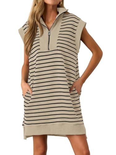 Image of Wenrine Womens Striped Mini Dress Casual Zipper Cap Sleeve Collared V Neck Loose Knit Summer Dresses