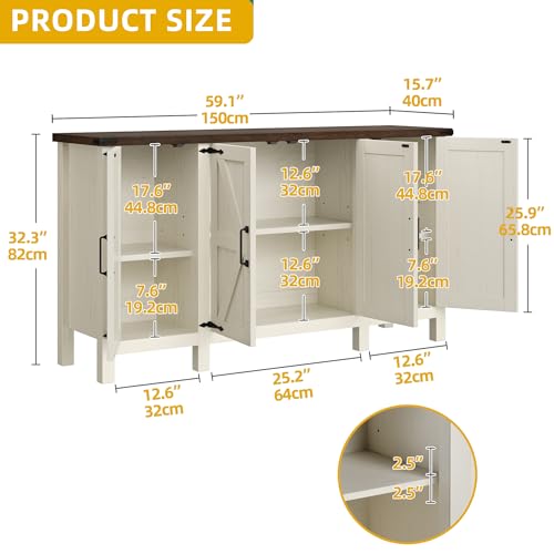 DWVO 59'' Sideboard Buffet Cabinet, Farmhouse Coffee Bar Cabinet with Adjustable Shelves for Living Room, Entryway, Rustic White