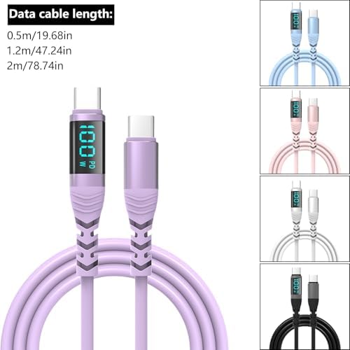 QINKYH USB C to USB C Charging Cable 100W Digital Display Fast Charging Data Sync Cord for Phone 15 Smartphones Tablets Laptops Pink - 2