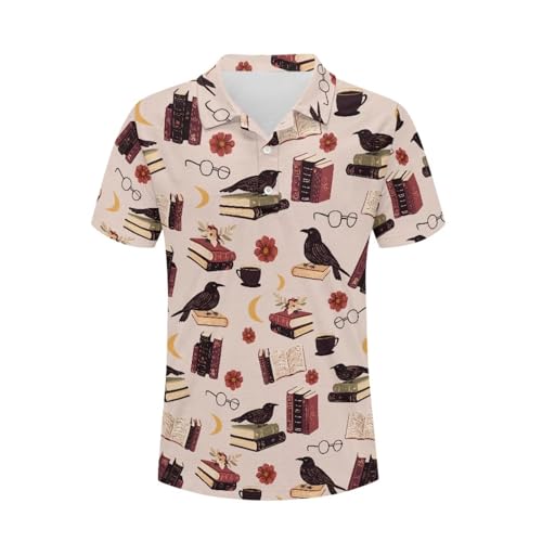 Cupattern Bird Book Glasses Men's Polo Short Sleeve Shirts Funny Golf Shirt Library L