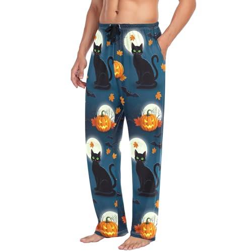 Men's Cotton Pajama Bottoms Sleep Pants with Pockets Soft Pajama Pants, Halloween Black Cat Pumpkin4