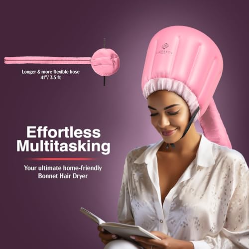Bonnet Hairdryer Attachment - Integrated Elastic Headband That Reduces Heat Around Ears & Neck - Hooded Hair Dryer Diffuser Cap - Easy to Use for Deep Conditioning and Fast Hair Drying (Rose Gold)