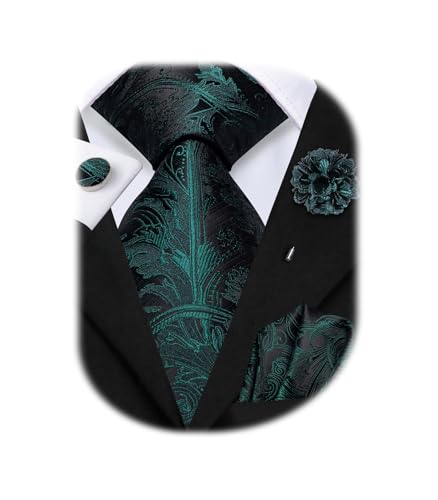 Image of Hi-Tie Mens Paisley Floral Striped Ties Set Silk Necktie and Lapel Pin for Men Pocket Square Cufflinks Set Business Wedding