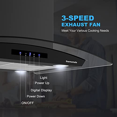36 Inch Island Range Hood, Thermomate 350 Cfm Black Stainless Steel Stove Vent Hood With 4 Led Lights, 3 Speed Exhaust Fan With Touch Control, Ducted/Ductless Convertible, Etl Certified #TOP3