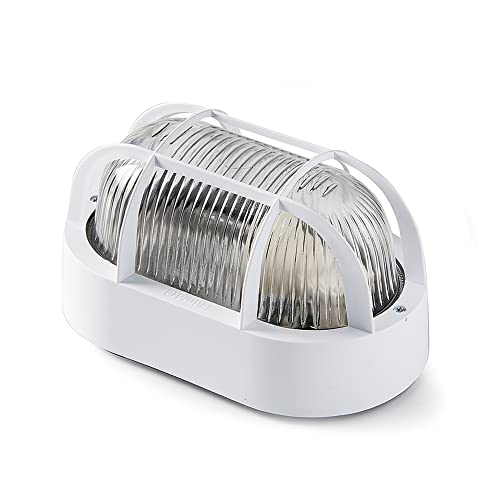 FAMATEL – Aplique Ovalado | IP44 | E-27 | 60W | Difusor termoplástico | Horizontal | Bombillas E27 | Producto certificado con CE | Blanco