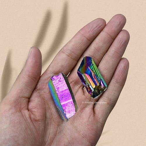Image of Amazing Gemstone 2 Pieces Titanium Aura Quartz Raw Pencil Points Crystals and Healing Stones, Natural Rocks for Meditation and DIY Raw Point Stones and Crystals