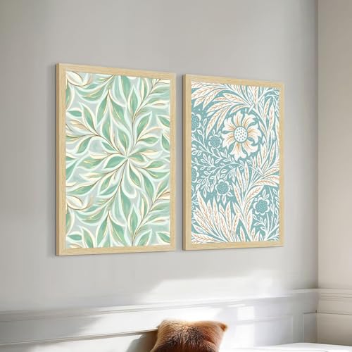 Image of ArtX Paper Floral Art Paintings with Frame for Home Decor, Madhubani Wall Paintings for Living Room, Multicolor, Natural Wood Color Frames, Set of 2