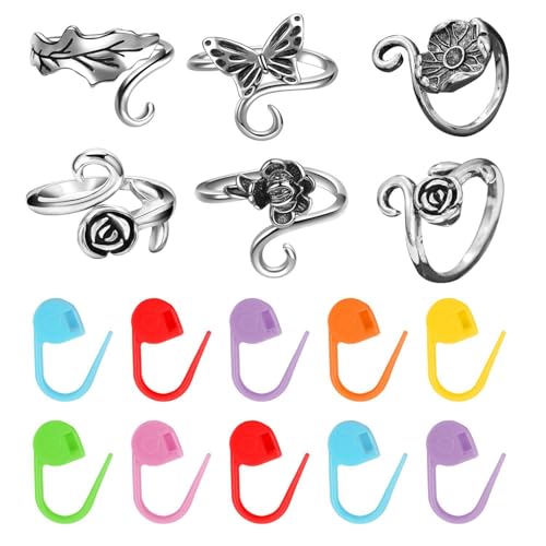 CVDYWDJIE 6 Anneaux Au Crochet Et 10 Boucles De Positionnement en Plastique, Anneaux Ouverts Réglables, Accessoires De Tricot, Anneaux Au Crochet en Métal