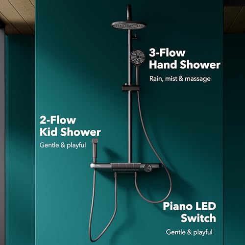 Image of Hindware Italian Collection 4-Way Integrated Shower Console | Piano LED Touch Buttons | Adjustable Overhead Shower | 3-Flow Hand Shower | 2-Flow Kid Shower | Cascade Flow | Thermostat Control