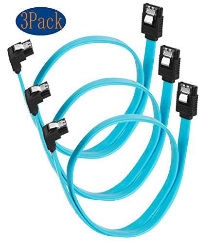 SATA Cable, SATA III Cable 3Pack with Locking Latch 90 Degree Straight to Right Angle 6Gbps HDD SDD SATA Data Cable 18 Inches for SATA HDD, SSD,DVD Drives, CD Writer - Blue