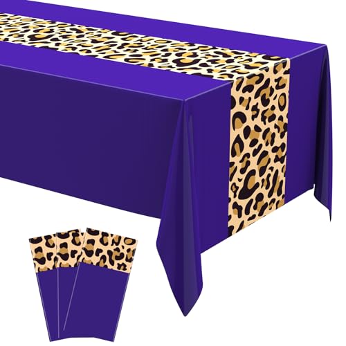 Image of Buryeah Leopard Print Tablecloth 54 x 108'' Leopard Plastic Table Cover Disposable Safari Animal Cheetah Print Party Decorations for Baby Shower Wedding Birthday Party Favors(Purple,3 Pcs)