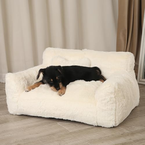 BestRoyal Fluffy Cat Couch, Small Dog Bed with Bone Shaped Pillow, Anti-Anxiety Pet Bed with Washable Cover, Cream