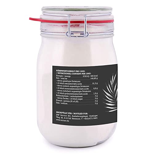 mituso Bio Kokosöl desodoriert 1 Liter | Geschmacksneutral - Ideal zum Braten, Backen, Frittieren | vegan, ohne Zusätze - Vielseitig für Haut & Haar | im Drahtbügelglas