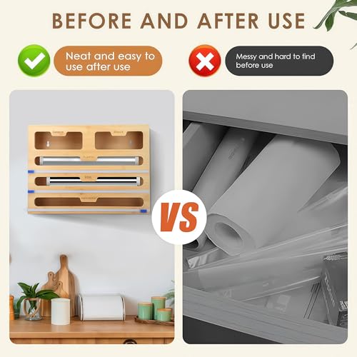 Dispensador y cortador de film transparente, dispensador de papel de aluminio de bambú para cajón de cocina, organizador 5 en 1, almacenamiento para películas adhesivas y papel de aluminio, 40 cm