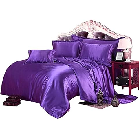 Omanium Pure Soft Silky Satin Sheets King Size, Purple, 6 Pieces Sheet Set, 18"–24" Deep Pocket - 1 Flat Sheet, 1 Fitted Sheet and 4 Pillowcases, Breathable & Cooling Sheet Set Cover